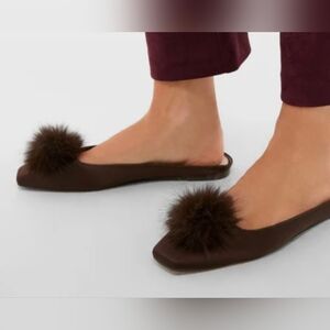 TUCKERNUCK Chocolate Satin Nilli Flats with Pom Pom Size 7